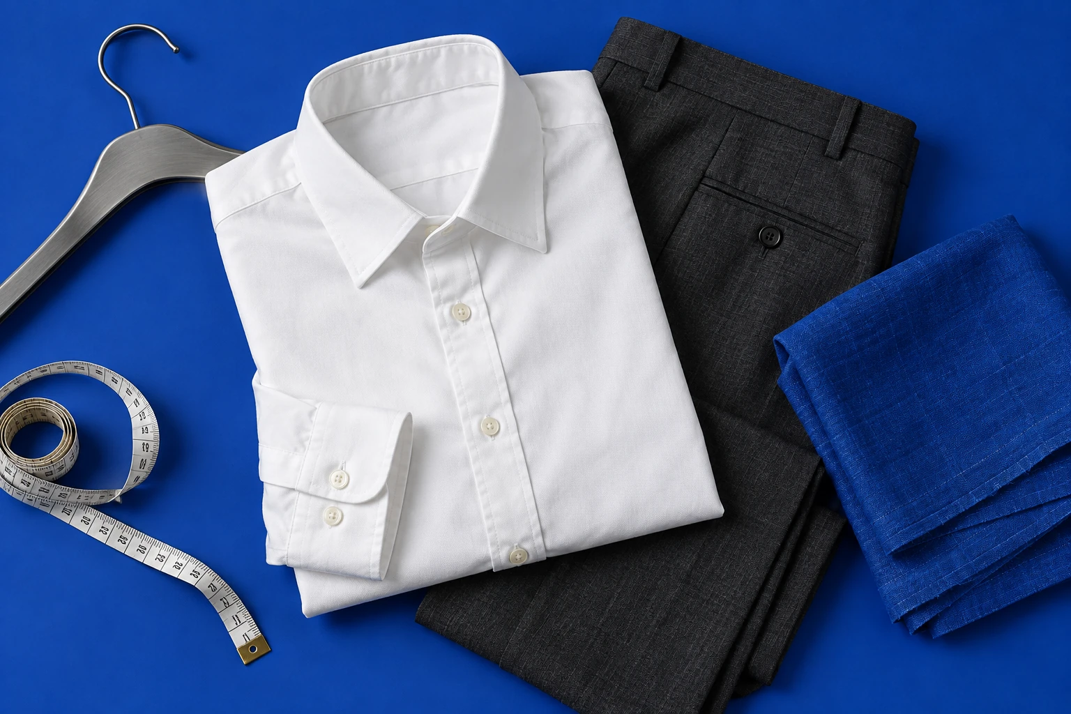 Original illustrative textile study of a white shirt, charcoal trousers, blue cloth and garment tools